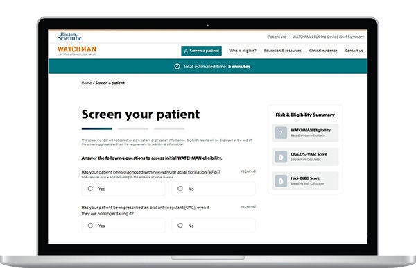 A laptop showing the WATCHMAN patient screener tool on its screen.