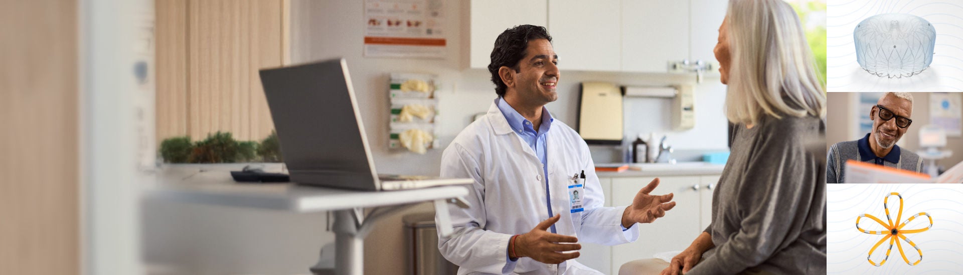 Doctor and patient speaking in an exam room, bordered with images of WATCHMAN and FARAPULSE devices.