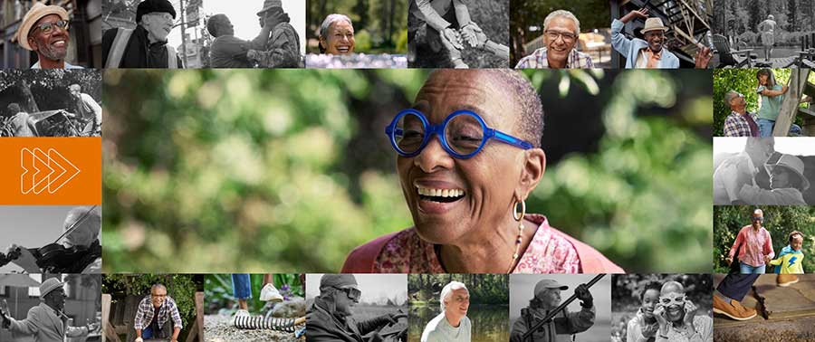 Images of WATCHMAN patients surrounding a larger image of a smiling patient.