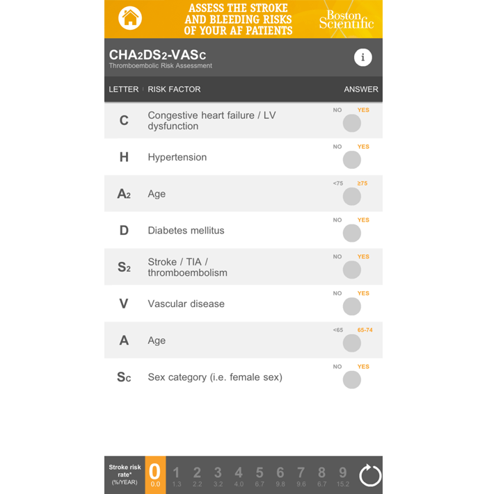 Screenshot del calcolatore CHA2DS2-VASc