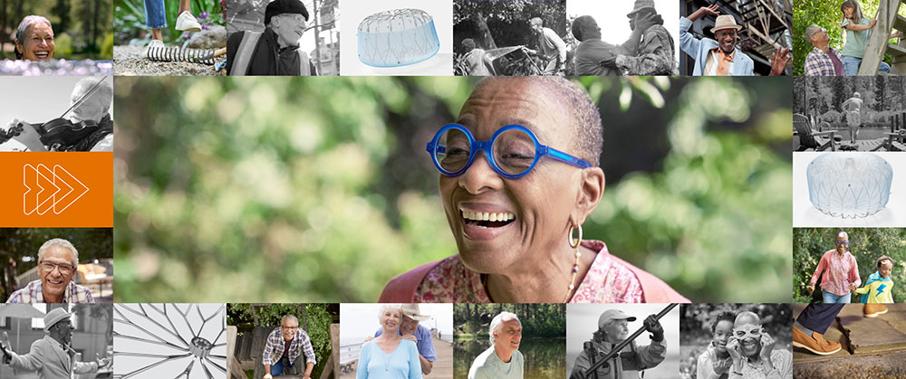 Images of WATCHMAN patients surrounding a larger image of a smiling patient.