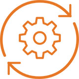 Orange cog inside two arrows forming a circle icon.