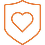 Orange heart inside shield icon.
