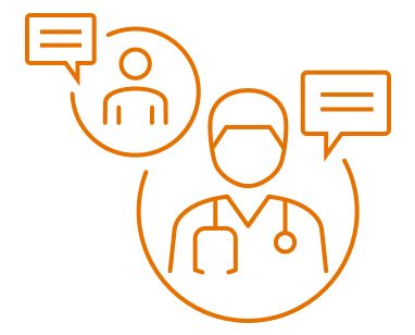 Orange icons of doctor talking with patient.