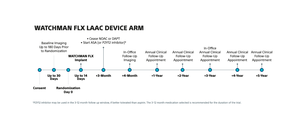 A timeline showing how the watchman flx arm is followed up during CHAMPION-AF.