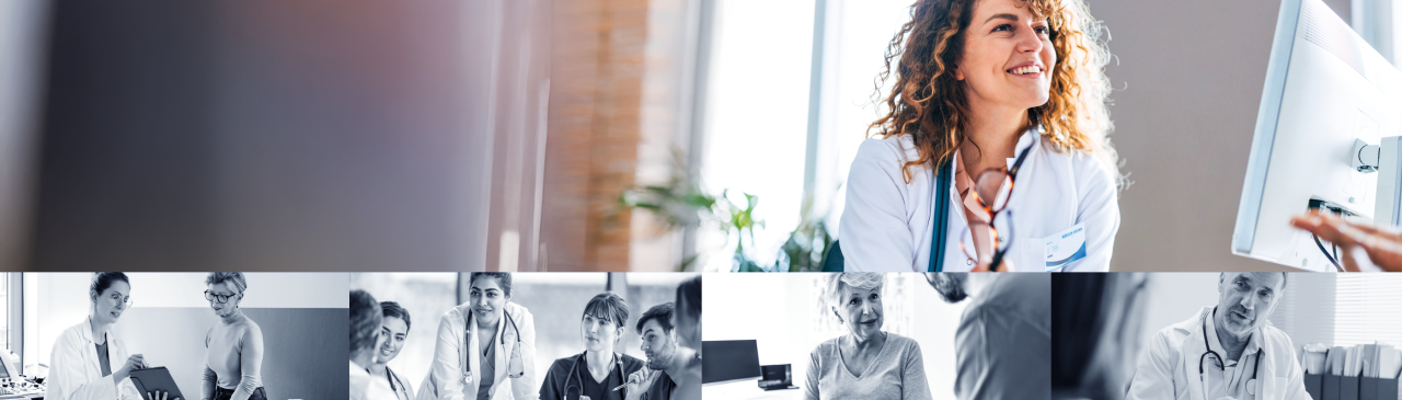 A female doctor smiles, below her a collage of doctors helping patients with Afib.