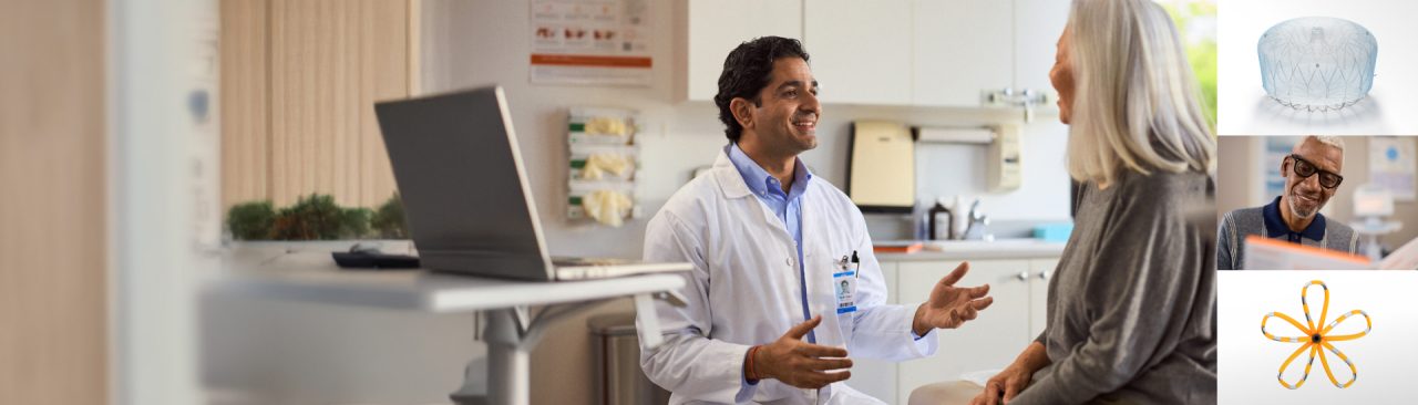 Doctor and patient speaking in a n exam room, bordered with images of WATCHMAN and FARAPULSE devices.