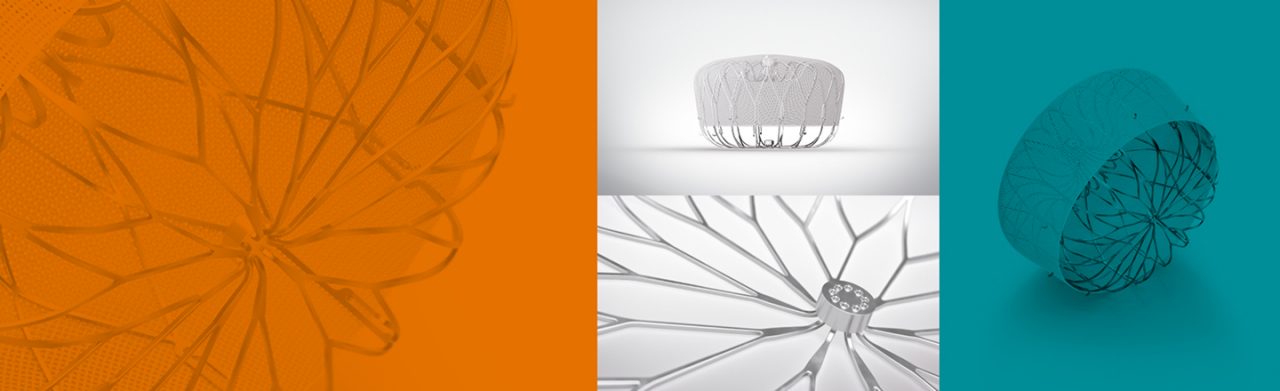 Multiple images of the WATCHMAN implant on various color backgrounds.