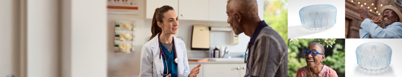 Physician in white coat speaking with a patient in an exam room, with a mosaic of the WATCHMAN device and smiling patients to the right.