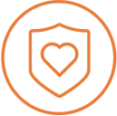 An orange shield icon with a heart in it.