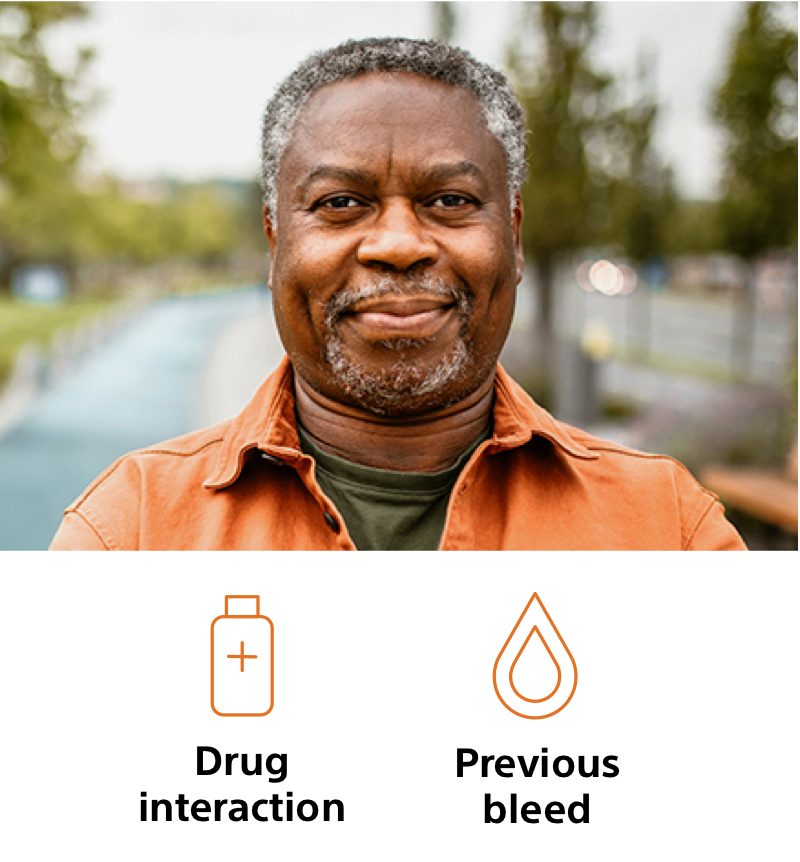 Image of a potential patient with icons indicating a previous bleed and drug interaction.