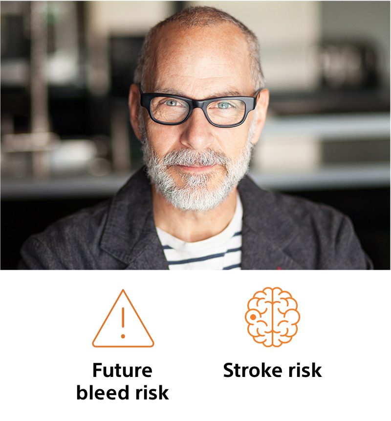 Image of a potential patient with icons indicating a future bleed risk and a stroke risk.