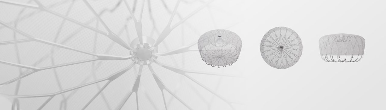 Multiple images of the WATCHMAN FLX implant on a gray background