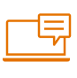 An orange icon of a computer with a chat bubble on it.