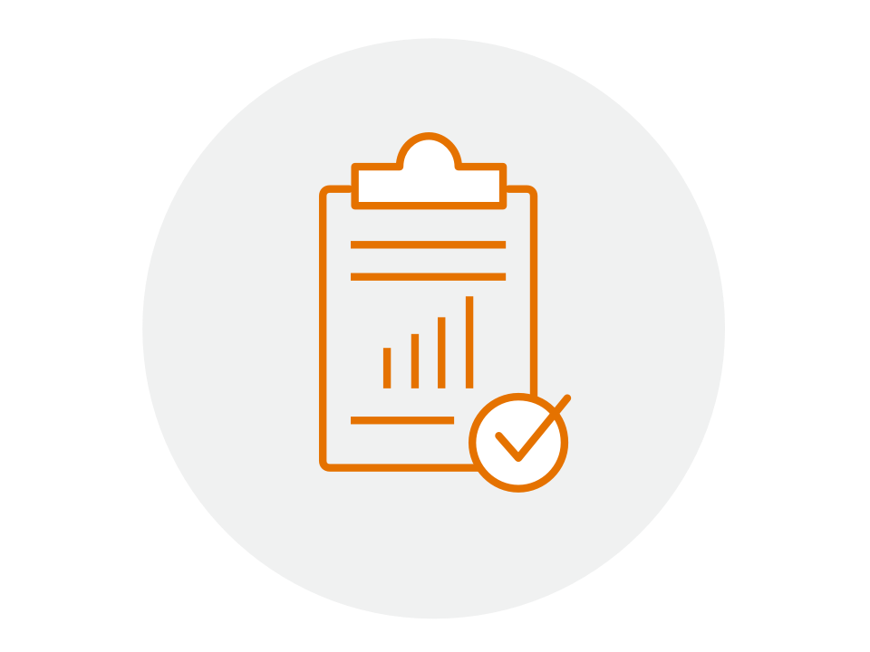 Orange icon of a chart on a clipboard with a checkmark.
