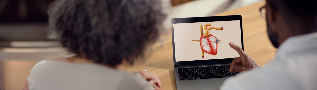 Healthcare provider showing patient diagram of heart on computer screen.