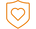An orange shield icon with a heart in it.