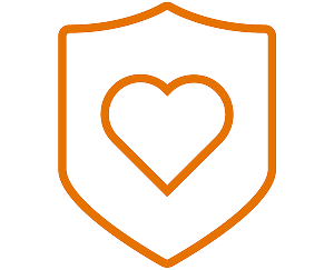 An orange shield icon with a heart in it.