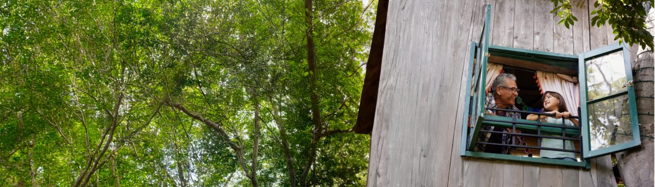 A smiling grandpa and grandchild looking out a tree house window.